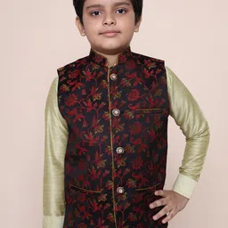 NAMASKAR Boys Black & Maroon Floral Printed Woven Design Nehru Jackets image 1