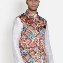 Armaan Ethnic Mandarin Collar Ethnic Motifs Printed Satin Nehru Jacket image 4
