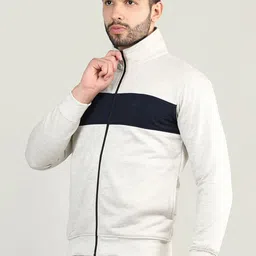 CHKOKKO Men Cream & Navy Blue Colourblocked Sporty Jacket image 4