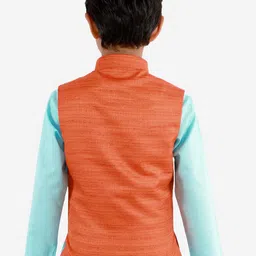 VASTRAMAY Boys Orange Woven Design Nehru Jacket image 4