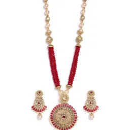PANASH Gold-Plated & Red Kundan Studded Beaded Handcrafted Jewellery Set image 3