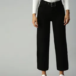 SHOWOFF Women Black Wide Leg High-Rise Stretchable Jeans With Belt-picture-36