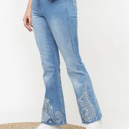 Lakshita Women Jean Flared Fit Embroidered Light Fade Stretchable Jeans image 1