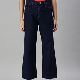 SHOWOFF Women Navy Blue Wide Leg Cotton High-Rise Clean Look Jeans-picture-11