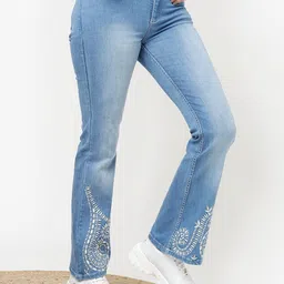 Lakshita Women Jean Flared Fit Embroidered Light Fade Stretchable Jeans image 2