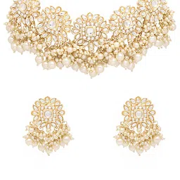 Yellow Chimes Gold-Plated & White Pearl & Kundan-Studded Jewellery Set image 3