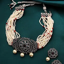Yellow Chimes Woman Silver Oxidised Crystal Studded White Beaded Necklace Set-picture-20