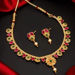 aadita Pink & Green Gold Plated Stone-Studded & Beaded Jewellery Set-image-99