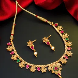 aadita Gold-Toned Pink & Green Stone-Studded & Beaded Meenakari Jewellery Set-picture-26