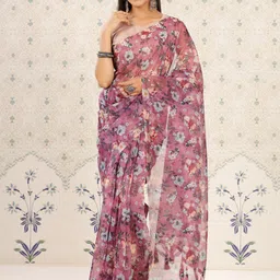 Ode by House of Pataudi Mauve & White Floral Printed Organza Saree image 4