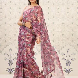 Ode by House of Pataudi Mauve & White Floral Printed Organza Saree image 2