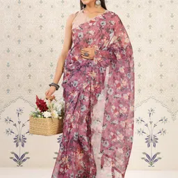 Ode by House of Pataudi Mauve & White Floral Printed Organza Saree image 5