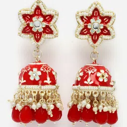 Aazeen Gold Plated Dome Shaped Kundan Studded & Beaded Jhumkas-image-1