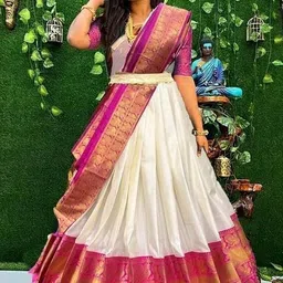renvaani fashion Women's Indian Traditional Unstitched Kanjivaram Silk Zari Lehenga Choli Along With Dupatta Attach With Unstitch Blouse Piece, Half Saree (LAHENGA KH142 ROSE OFF WHITE RAMA PURPLE) image 2
