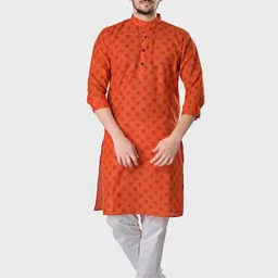 SHIWAM ETHNIX Men Orange Geometric Printed Regular Straight Cotton Kurta-picture-20