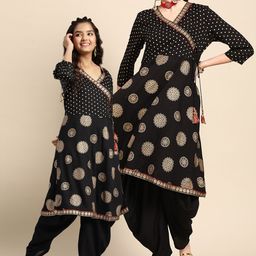 Sangria Women Black & Golden Ethnic Motifs Printed Angrakha Kurta with Dhoti Pants-picture-20