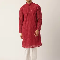 SWAGG INDIA Ethnic Motifs Embroidered Chikankari Georgette Kurta-picture-14