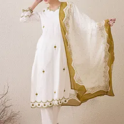 Indo Era Floral Embroidered Sequinned Pure Cotton Straight Kurta With Trousers & Dupatta image 3