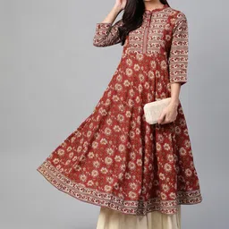 YASH GALLERY Women Maroon & Cream-Coloured Floral Printed Anarkali Kurta image 3