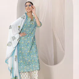 Libas Teal Blue Floral Printed V-Neck Gotta Patti Straight Kurta With Palazzos & Dupatta image 4