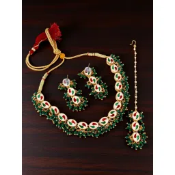 LUCKY JEWELLERY 18k Gold Plating Green Kundan Necklace with Pair of Earrings and Mang Tikka image 5
