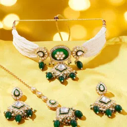 Zaveri Pearls Green Stones and Pearl Choker Jewellery Set image 1