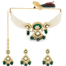 Zaveri Pearls Green Stones and Pearl Choker Jewellery Set image 4