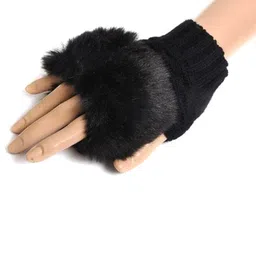 bold n elegant Black Faux Rabbit Hair Fur and Wool Knitted Winter Thermal Warm and Comfortable Fingerless Gloves Mittens Winter Accessories Hand Warmer Gloves for Women and Girls image 1
