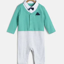 MINI KLUB Infant Boys Sea Green & Grey Melange Colourblocked Pure Cotton Sleepsuit-picture-57