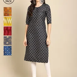 7threads KALINI Women Pack of 6 Digital Printed Crepe Straight Kurtas image 1