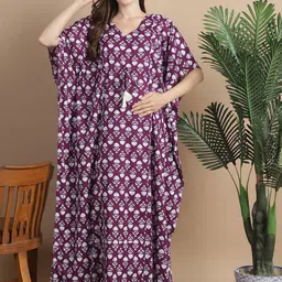 Secret Wish Floral Printed V-Neck Pure Cotton Maternity Kaftan Nightdress-image-69