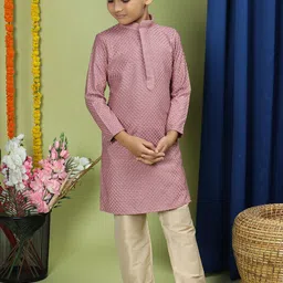TABARD Boys Geometric Embroidered Band Collar Regular Pure Cotton Kurta With Pyjamas image 1