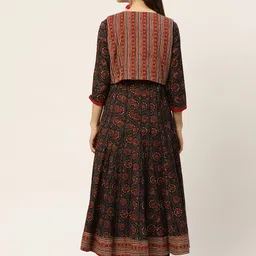 Sangria Women Charcoal Grey & Maroon Ethnic Motifs Printed Kurta with Ethnic Jacket image 4