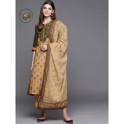 Biba Women Khaki Floral Printed Regular Pure Cotton Kurta with Palazzos & With Dupatta image 1