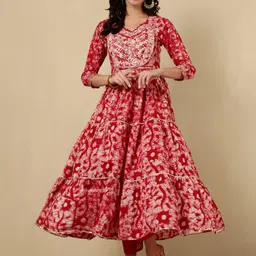 GLAM ROOTS Ethnic Motifs Printed V-Neck Sequinned Cotton Anarkali Kurta image 1