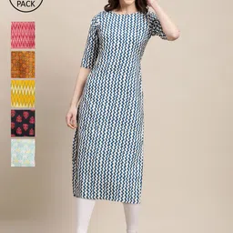 7Threads Women Pack of 6 Digital Printed Crepe Straight Kurtas image 1