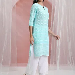 Vishudh Blue & White Floral Embroidered Round Notched Neck Straight Kurta image 3