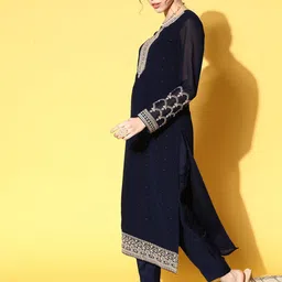 Sangria Floral Embroidered Notch Neck Sequence Straight Kurta With Trousers & Dupatta image 3