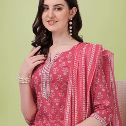 KALINI Women Red Floral Printed Gotta Patti Pure Cotton Kurta with Trousers & With Dupatta image 2