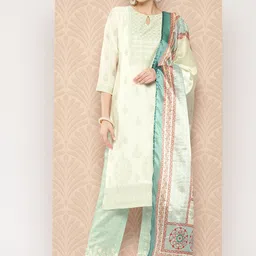 Libas Women Cream-Coloured Floral Printed Chanderi Silk Kurta with Trousers & With Dupatta image 2