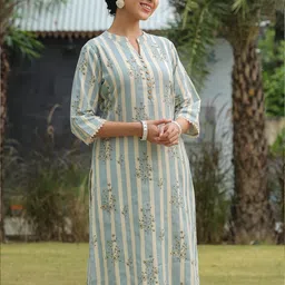 Aramya Striped Mandarin Collar Thread Work Linen Cotton Kurta image 3