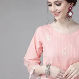 Indo Era Women Pink Pure Cotton Ethnic Motifs Sequinned Kurta with Trousers & Dupatta image 3