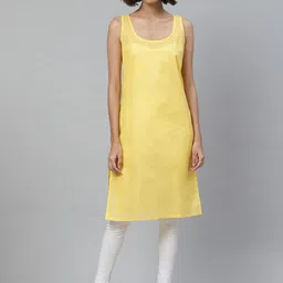 ADA Women Yellow & White Chikankari Embroidered Straight Sustainable Handloom Kurta With Slip image 3