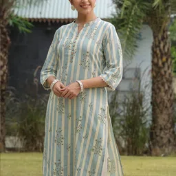 Aramya Striped Mandarin Collar Thread Work Linen Cotton Kurta image 4