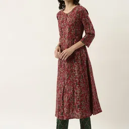 RangDeep Women Maroon & Green Ethnic Printed Pure Cotton Kurta with Trousers & Dupatta image 5