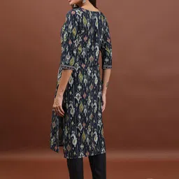 Vishudh Navy Blue Geometric Printed Notch Neck Straight Kurta image 5