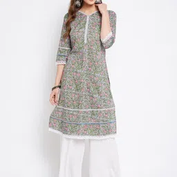 Imfashini Women Blue Floral Printed Block Print Lace Detail Kurta image 1