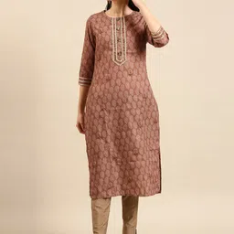SHOWOFF Paisley Printed Beads & stones Cotton Straight Kurta-image-86