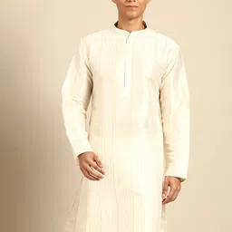 MANQ Striped Mandarin Collar Long Sleeve Straight Cotton Silk Kurta-picture-1