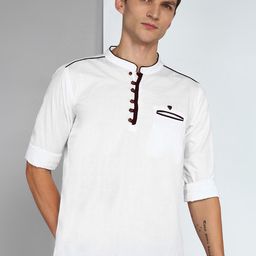 Kuons Avenue Linen Cotton Mandarin Collar Roll Up Sleeve Pathani Short Straight Kurta-picture-6